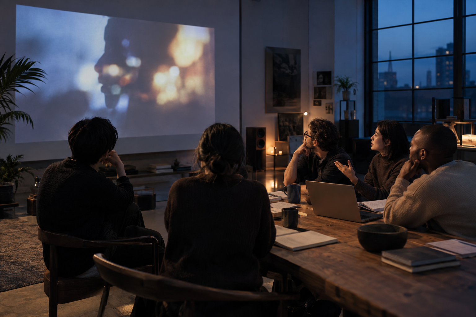 大きな投影映像を囲み、作品について話す卒業生たちのビジュアルサンプル